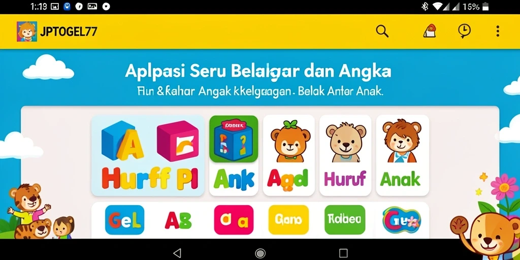 Screenshot JPTOGEL77 menunjukkan antarmuka belajar huruf dan angka yang menarik.
